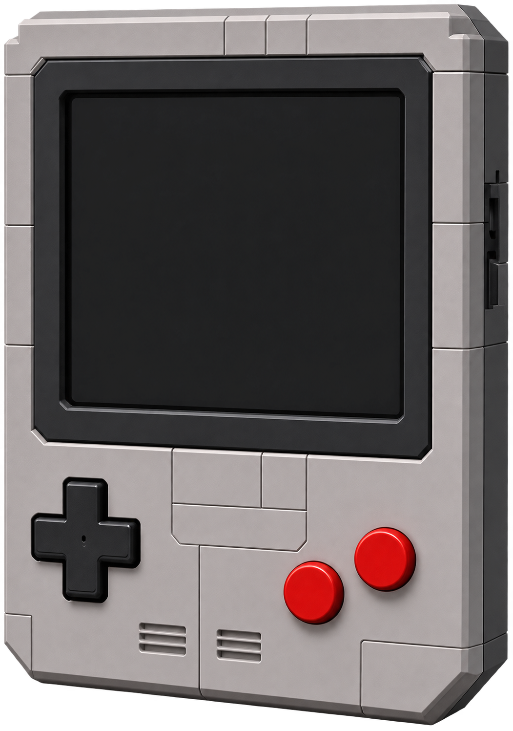 Gray Bytorio handheld with a black direction pad and red buttons